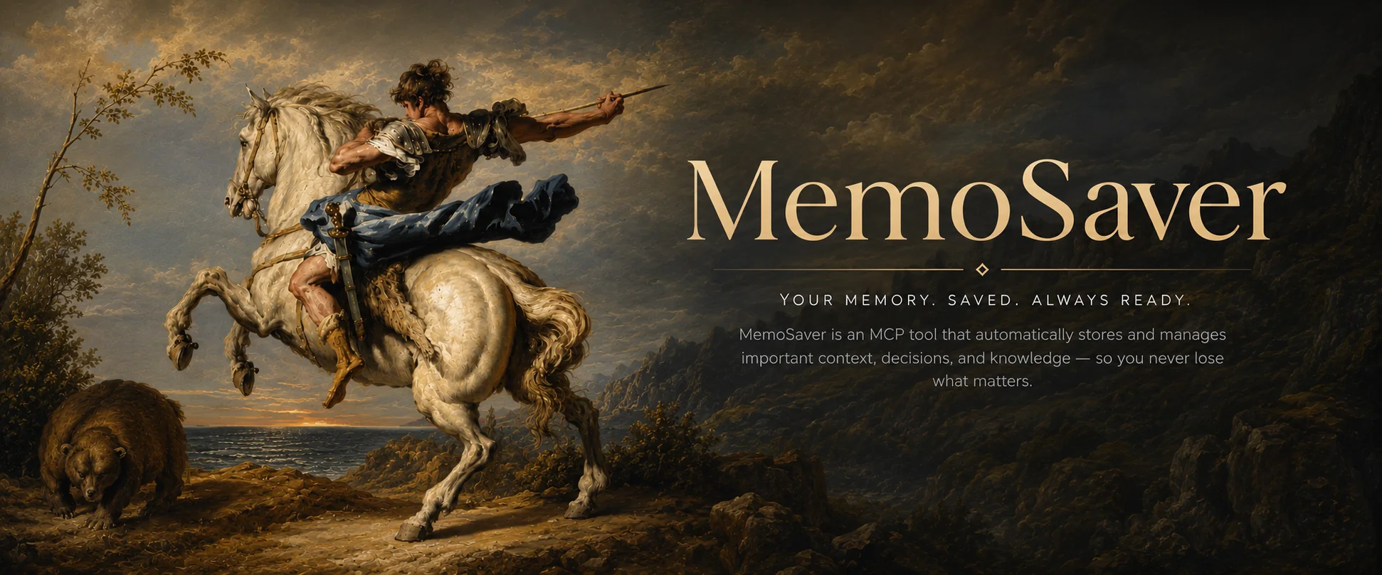 MemoSaver banner: an oil painting of a rider on a white horse at dusk above a dark sea, with the MemoSaver wordmark set in brass.